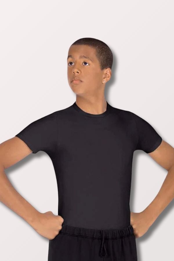 Boys Microfiber Crew Neck Short Sleeve Dance Top - Black