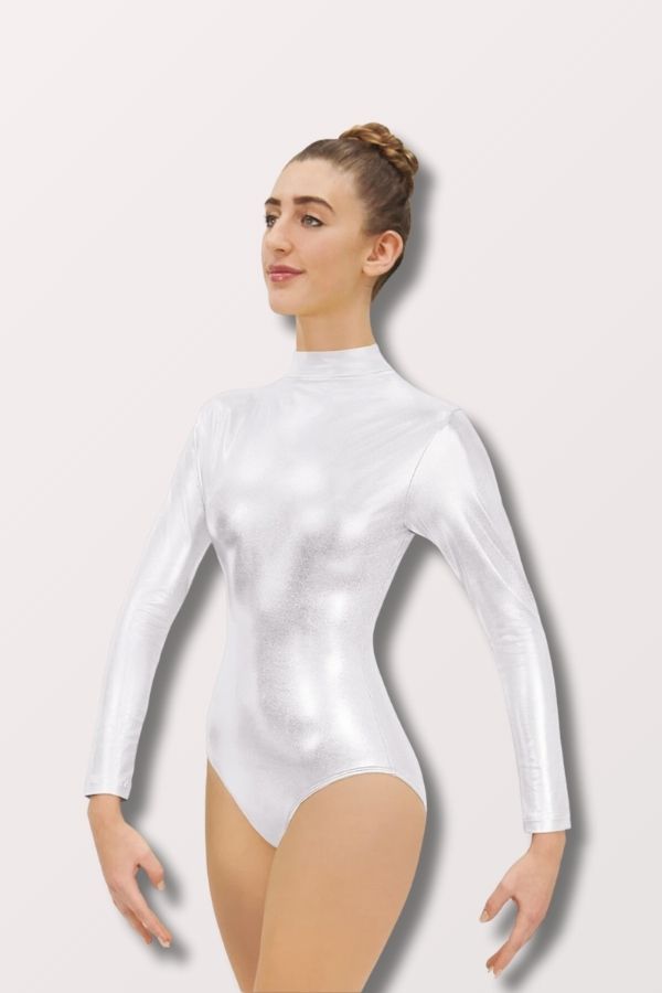 Eurotard Women's Metallic Mock Neck Long Sleeve Leotard with Zipper Back in Silver Style 19131 at New York Dancewear Company