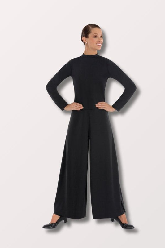 Eurotard Women's Simplicity Polyester Long Sleeve Wide Leg High Neck Praise Jumpsuit in Black Style 13846 at New York Dancewear Company