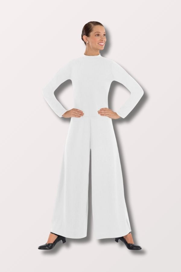 Eurotard Women's Simplicity Polyester Long Sleeve Wide Leg High Neck Praise Jumpsuit in White Style 13846 at New York Dancewear Company