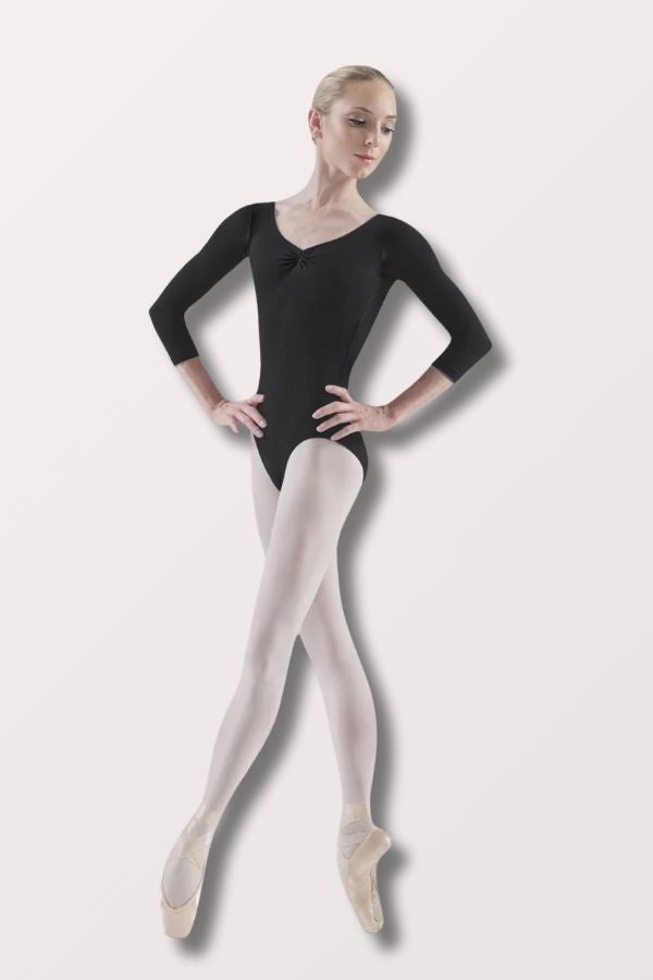 Ladies Black Pinch Front Back Three Quarter Sleeve Black Leotard Style L5436 at New York Dancewear Company