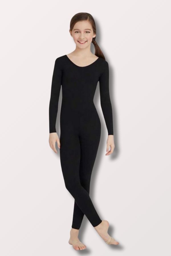 Team Basics Girls Black Long Sleeve Unitard  at NY Dancewear TB114C