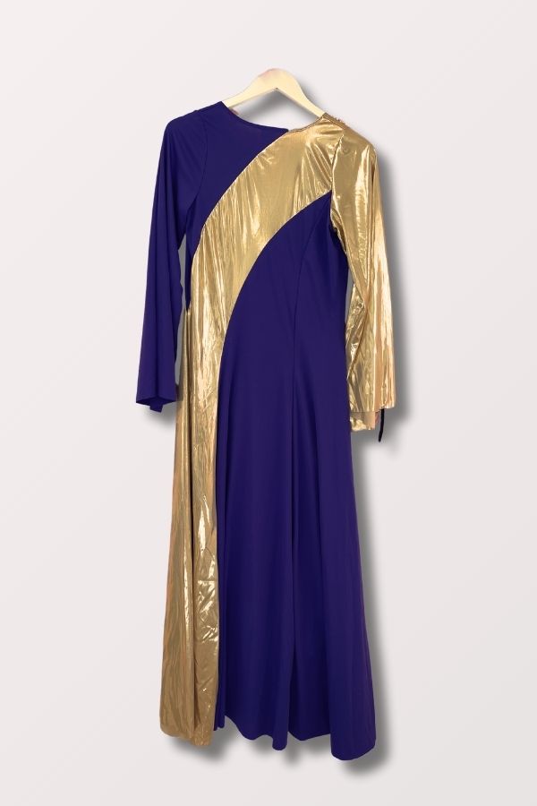 Body Wrappers Women's Asymmetrical Bell Sleeve Praise Dress in Deep Purple and Gold at New York Dancewear Company